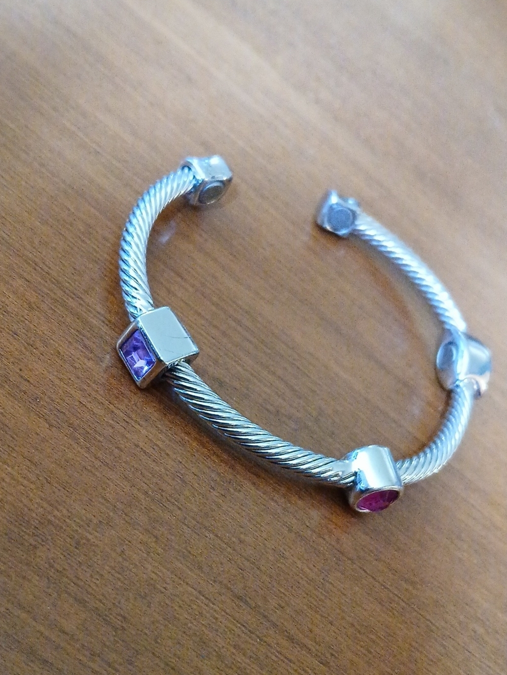 Silver Tone Cable Cuff Bracelet with Pink and Purple Stones